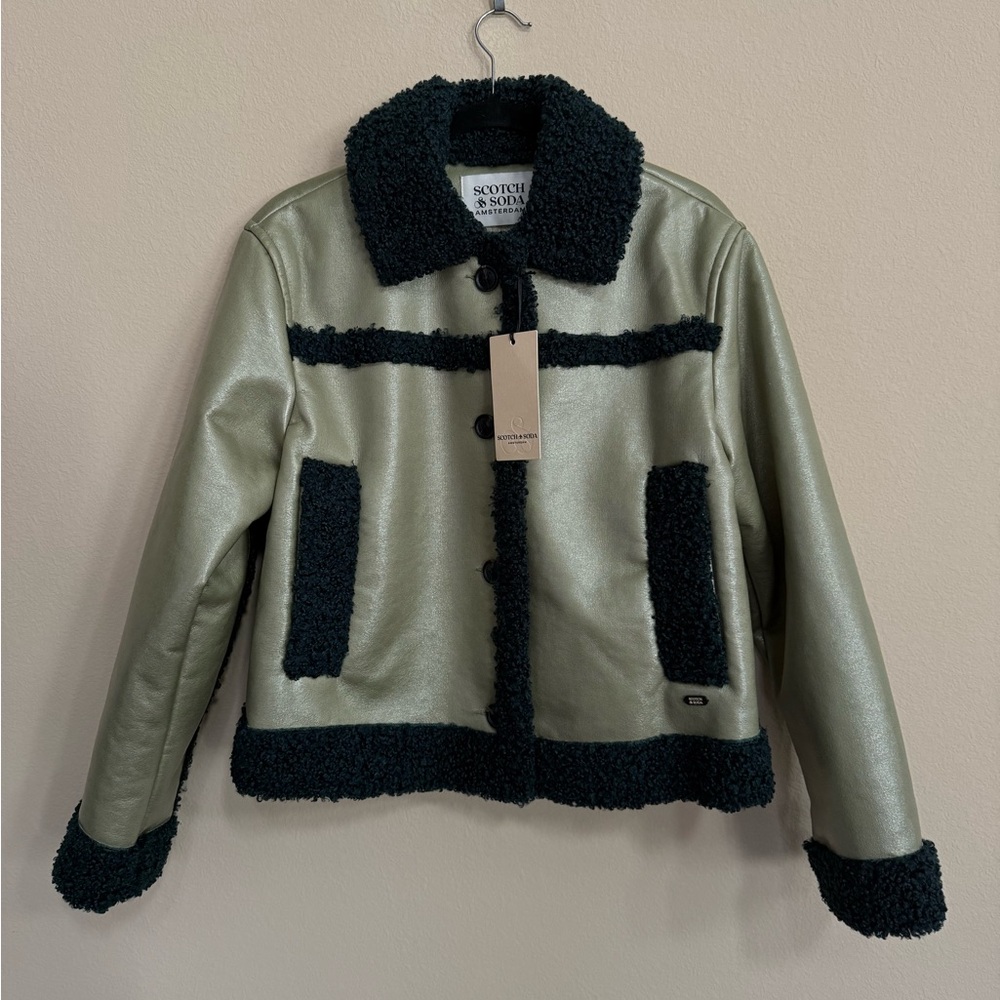 NWT Scotch & Soda Green Faux Shearling Faux Leather Aviator Bomber Jacket